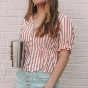Madewell Pink & White Striped Button-Front Peplum Blouse